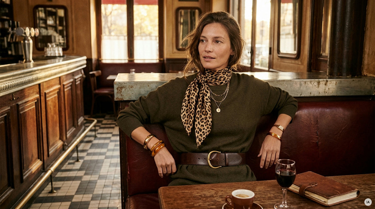 ceinture cuir brun, écharpe jacquard indigo et boucles dorées posées sur une tenue automnale — Image générée par IA