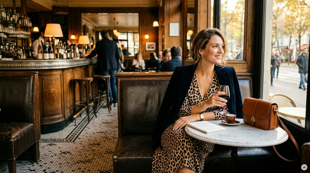 pochette nude, écharpe bordeaux et bijoux fins sur une tenue habillée — Image générée par IA