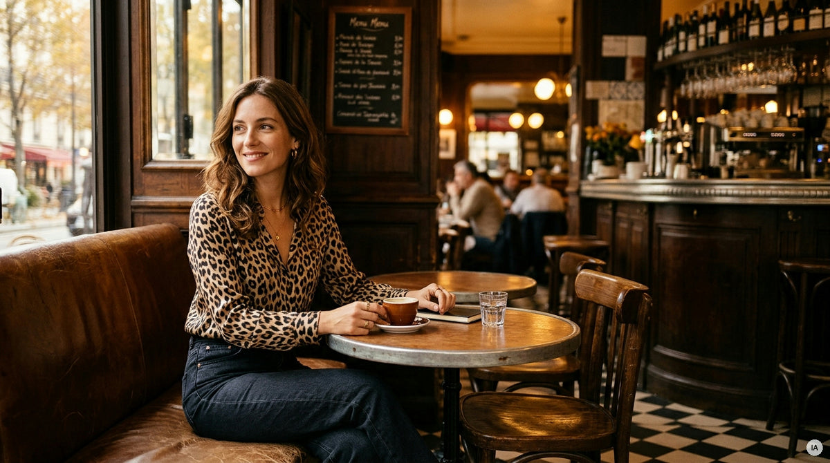 top léopard kaki posé sur un pantalon brun et une blouse indigo — Image générée par IA