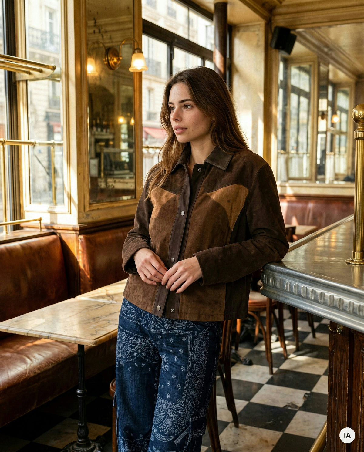 BLOUSON EFFET CUIR & SUÉDÉ LEANDRO PATCHWORK CAMEL - ADORE Veste — Image générée par IA