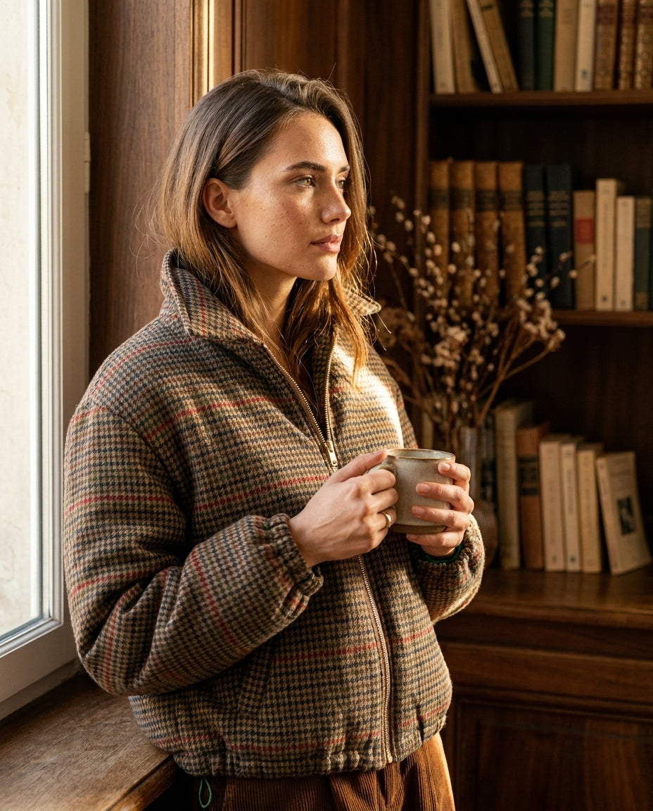 BLOUSON EN LAINE CAMPUS PIED DE POULE CHOCO - MINUIT DOUZE VESTE