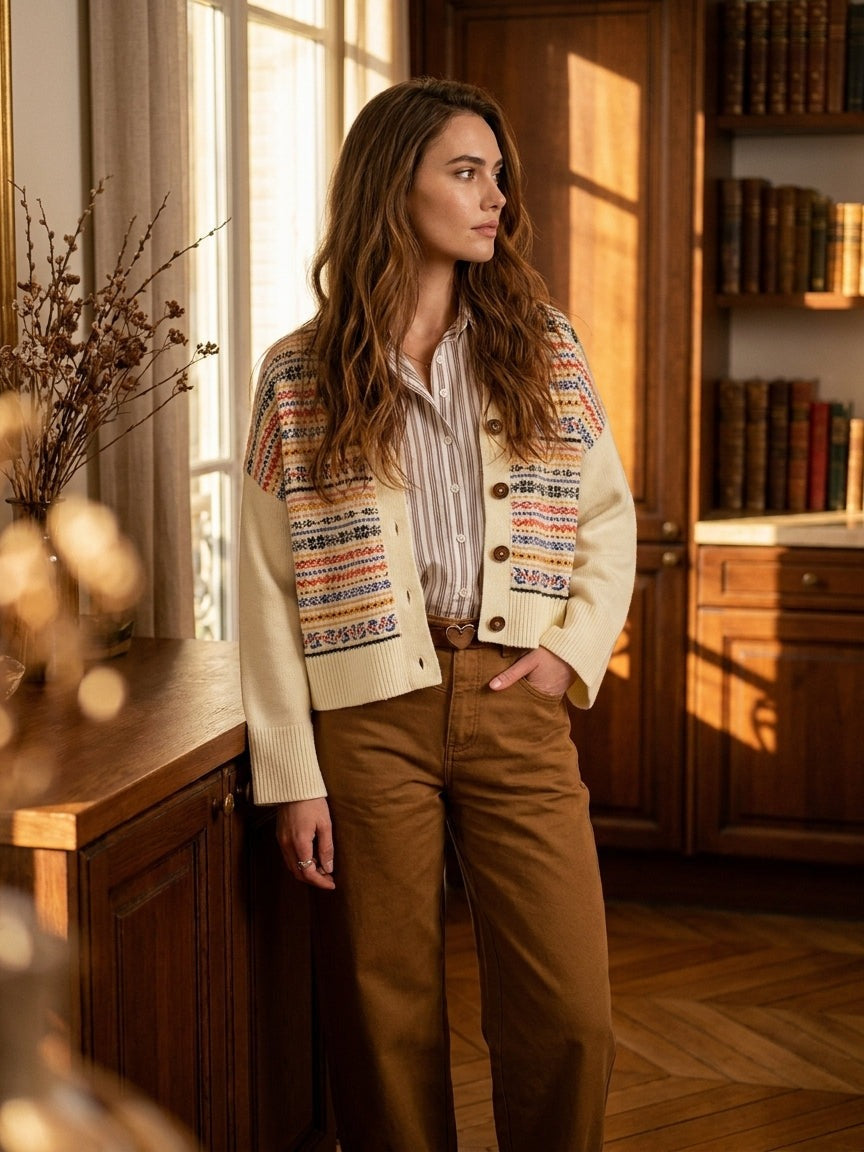 Frau in beiger Hose Joely von Minuit Douze und ecrufarbener Jacquard-Strickjacke, am Fenster stehend