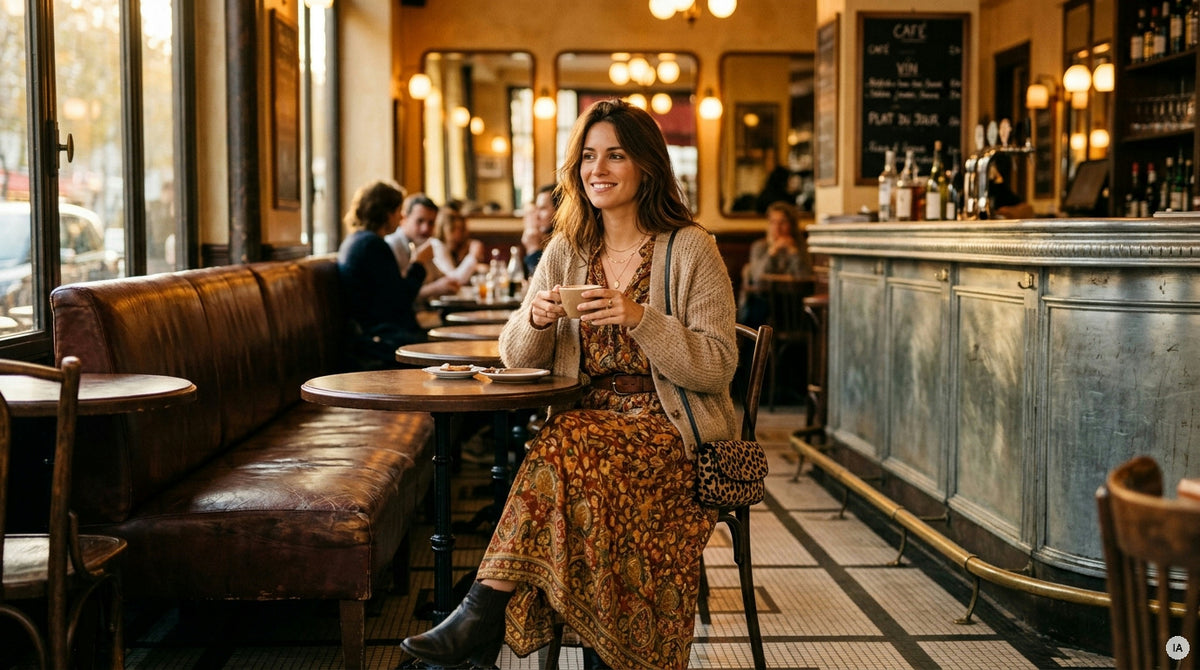 Comment porter une robe longue bohème en automne sans avoir froid — Image générée par IA
