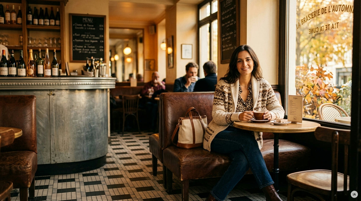 robe midi maille brune, chemise carreaux cognac et pantalon rouille posés sur lit en bois — Image générée par IA