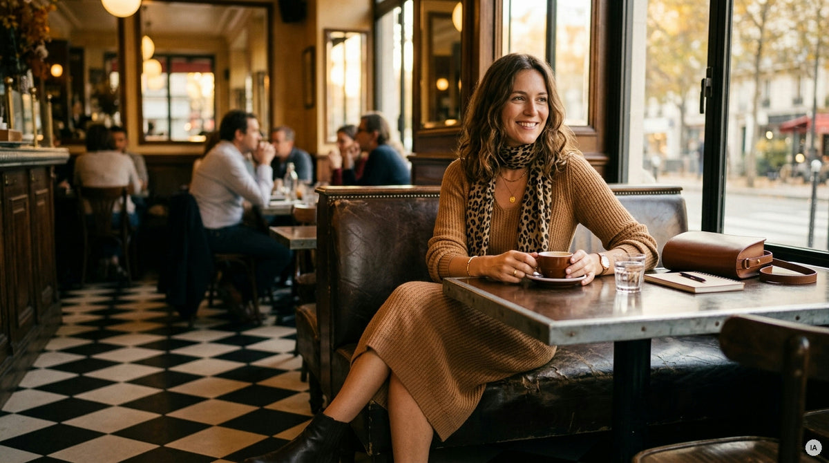 robe en maille côtelée cognac portée avec bottines et foulard laine — Image générée par IA