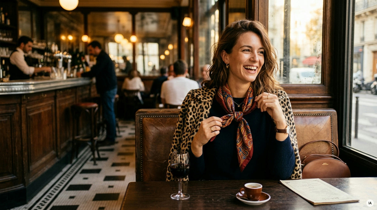 foulard paisley bordeaux noué sur un pull en maille camel — Image générée par IA