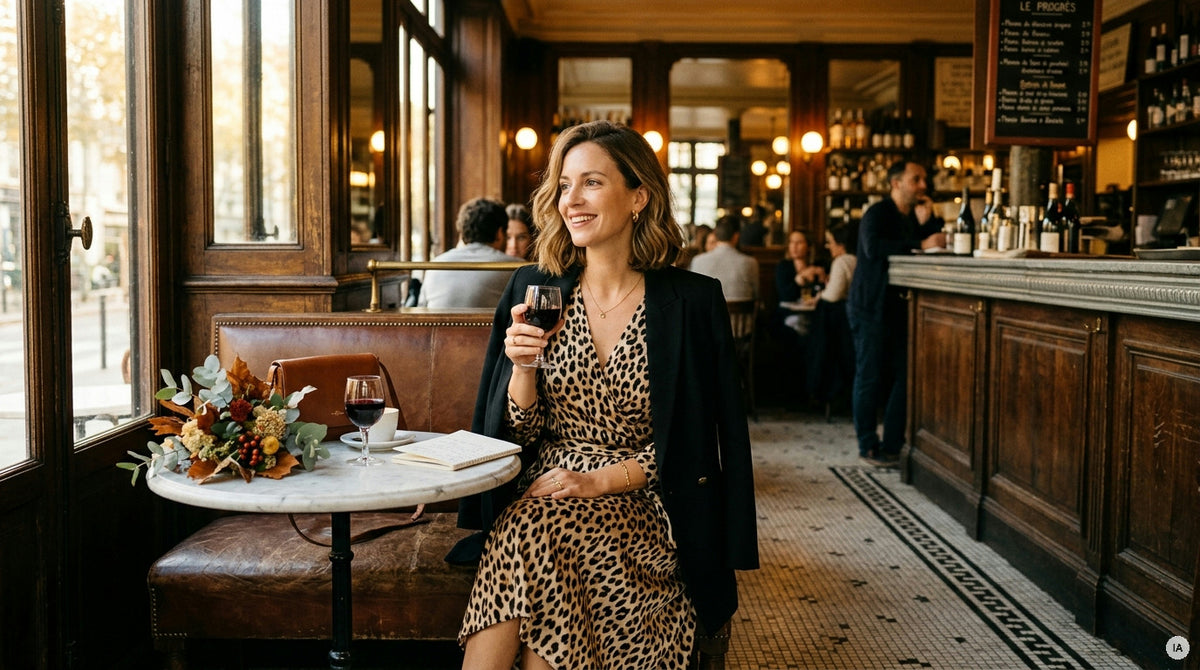robe midi bordeaux avec manteau habillé et bottines cuir cognac — Image générée par IA