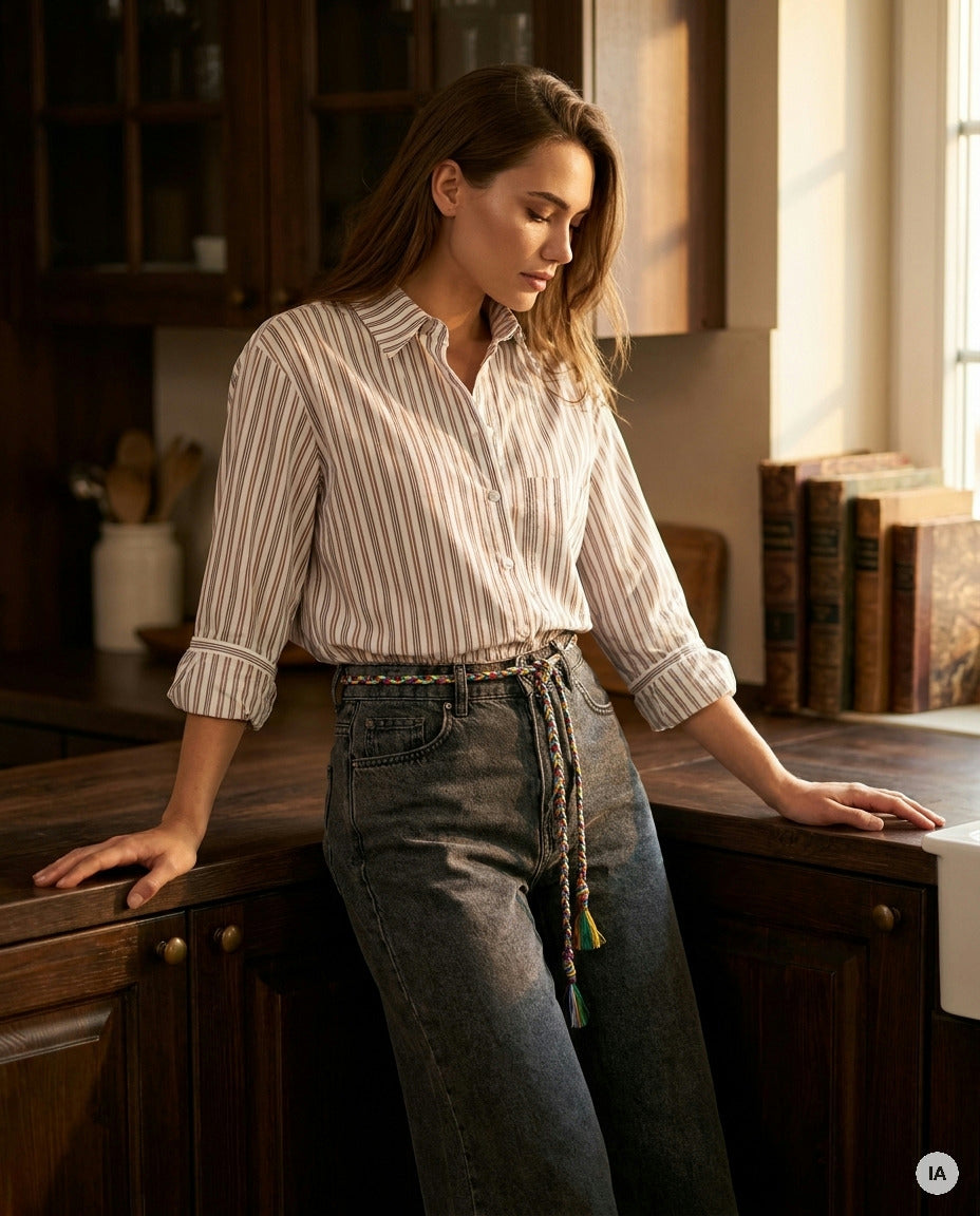 CHEMISE ICONIC RAYURES BEIGES - MINUIT DOUZE Chemise — Image générée par IA