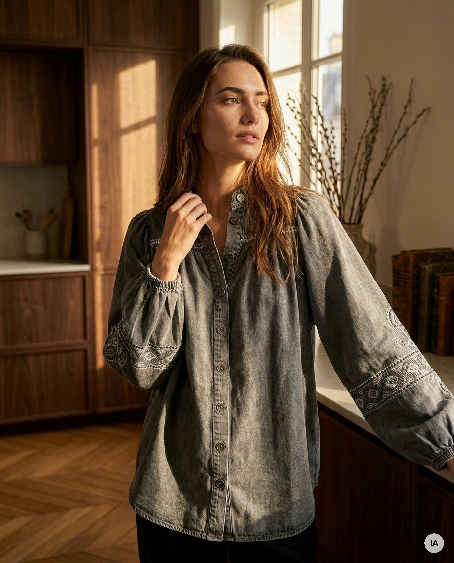 TOP YAFFA DENIM GRIS - MINUIT DOUZE TOP — Image générée par IA