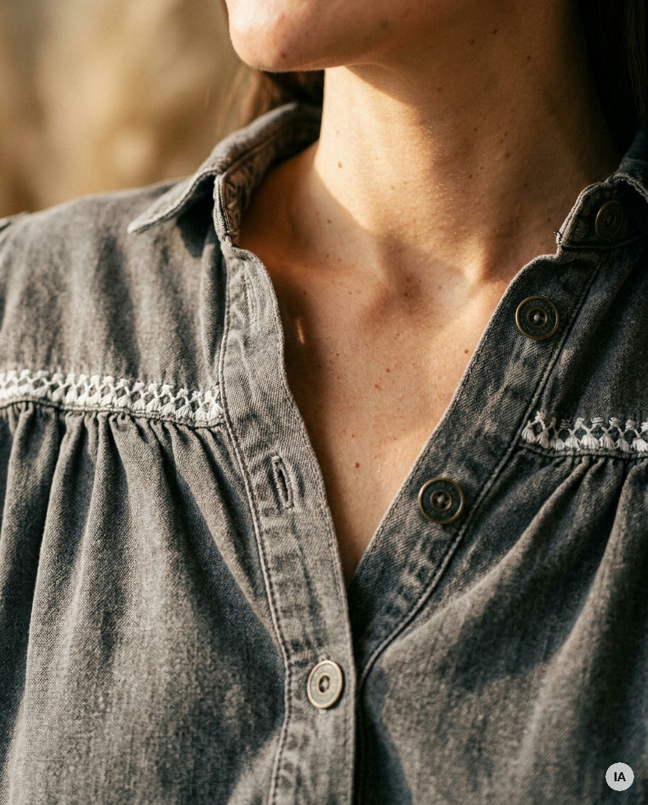 TOP YAFFA DENIM GRIS - MINUIT DOUZE TOP — Image générée par IA